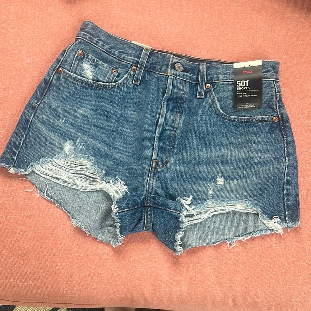 Levis Womens Premium 501 Denim Distressed Shorts Size 29 Indigo High Rise Fit